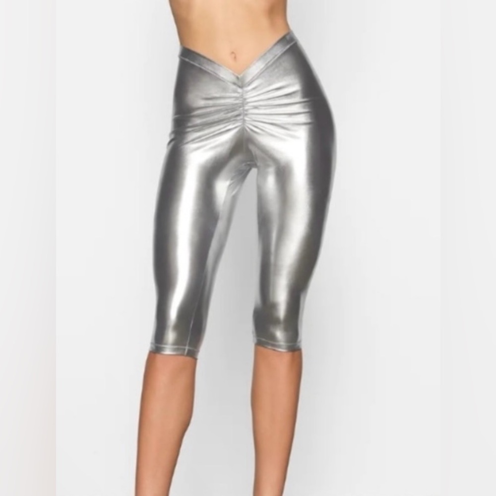 NWT Skims Metallic Swim V Waist Pant Rouched Silver Nickle XXS